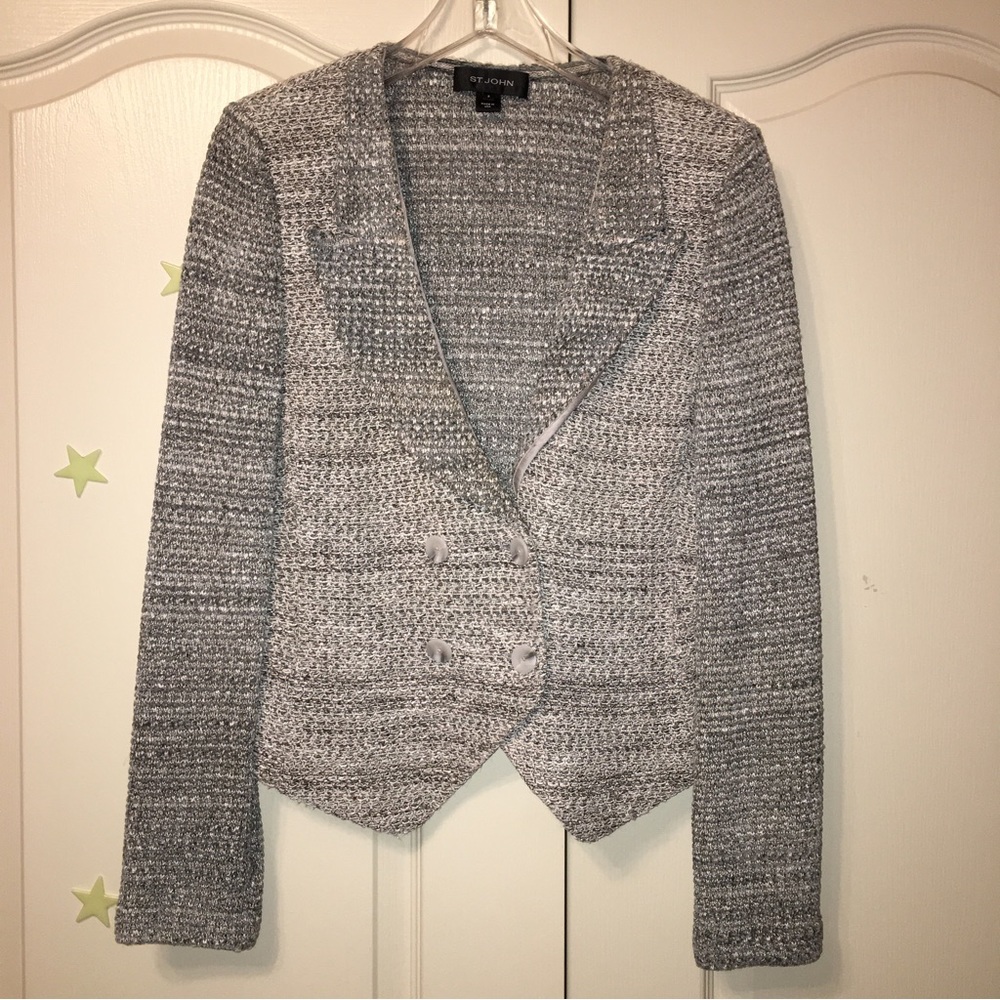 ST. JOHN Knit Jacket GRAY / WHITE / BLACK /BLUE - Sz 8 Made in USA Excellent!